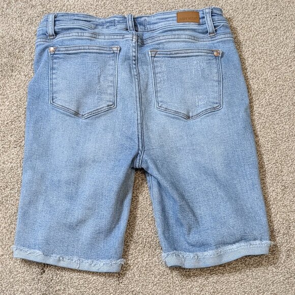 JUDY BLUE Distressed Blue Strech Denim Cuffed Bermuda Jean Shorts; Size L - Picture 2 of 4
